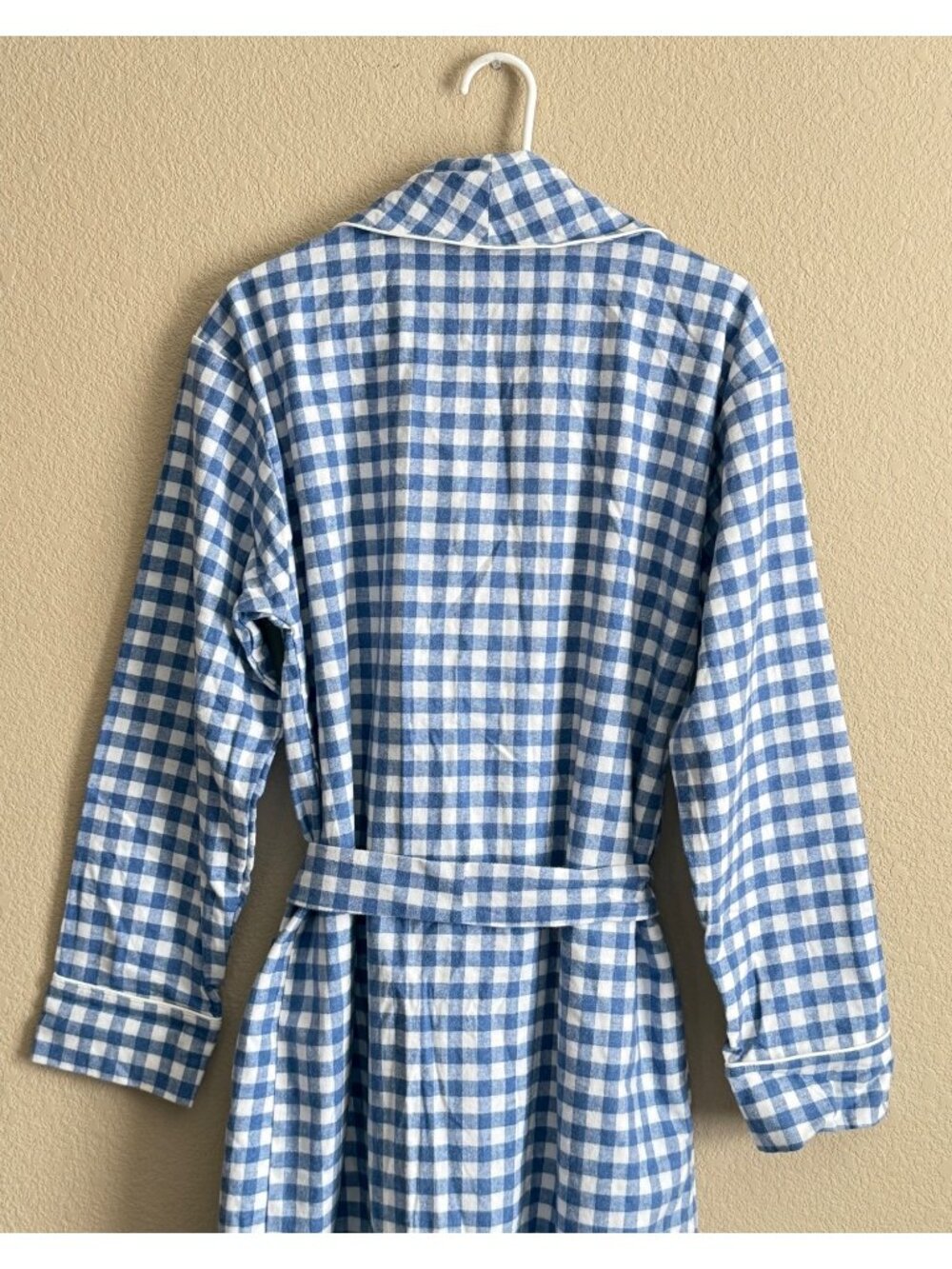 SERENA & LILY Women's Gingham Flannel Robe Brushed Cotton Blue White - Picture 7 of 9